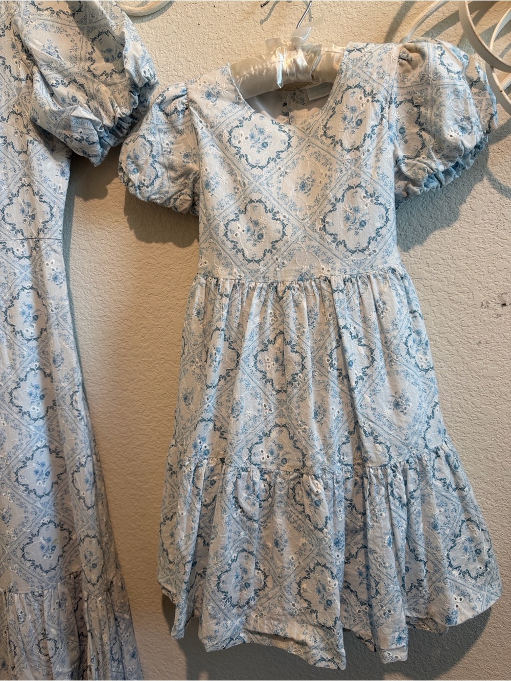ANTONIO MELANI Blue and White Floral Puff Sleeve Dress mommy and Me collection.